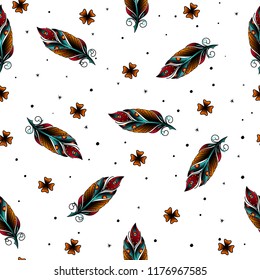 Old school vintage doodle tattoo feather seamless pattern.Oldschool tattooings plumes,four-leaf clovers,continuous tracery emblems symbols on white background