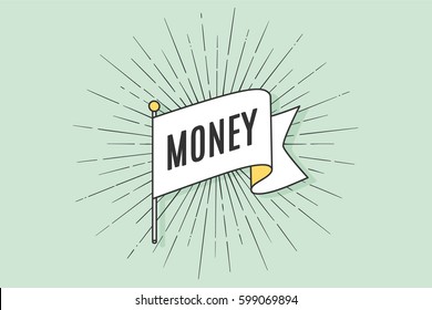 Bandera de época de la vieja escuela con dibujo lineal de rayas e inscripción Dinero. Elementos de diseño dibujados a mano, banner y afiche para el tema de negocios, tema de finanzas. Ilustración vectorial