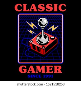 Old School Vintage Joystick For Play Retro Video Classic Game Gamer Arcade. Print Design Vector Illustration Icon Gamepad Controller Of Geek Culture For T-shirt Apparel Badge Tee Poster Merchandise.