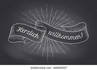 Old school vintage ribbon banner with text in German Herzlich Wllkommen. Hand drawn design element. Ribbon in engraving style on black chalkboard background for retro design. Vector Illustration