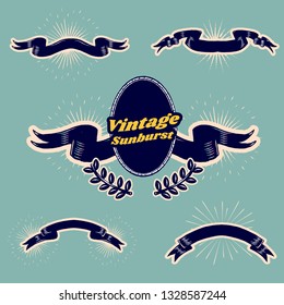 Old school vintage sunburst ribbon banner vectors collection