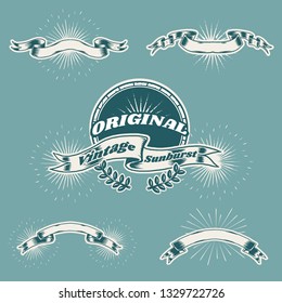 Old school vintage sunburst ribbon banner vectors collection