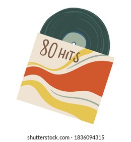 Old School vinyl plate with songs of eighties, hits of 80s. Isolated icon of vintage music record with soundtracks and melodies, songs and symphonies. Nostalgia for past, vector in flat style