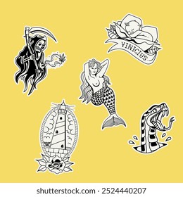 old schooll tattoo stickers, elements, mermaid with sample breasts, kewpi baby, lighthouse, grim reaper, snake