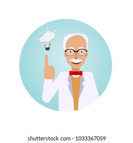 Old Scientist with brilliant idea vector icon.  Cartoon style. Vector Illustration.
