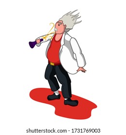 Old scientist character, scientist hit by wind blow while peeping in a test tube 