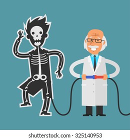 Old scientist conducting experiments with his assistant