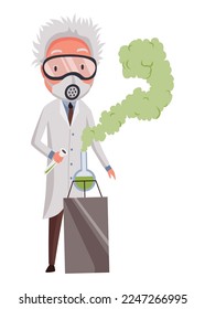 Old scientist doing research. Funny moustached character wearing glasses and lab coat. Discovery in science. Vector illustration in cartoon style