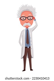 Viejo científico. Fundadoso personaje con bigote y abrigo de laboratorio. Descubrimiento en la ciencia. Ilustración vectorial en estilo de caricatura