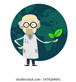 old scientist with glasses and a robe teaches planet protection. Sign waste reduction. Protecting and cleaning the planet from debris