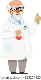 Old scientist hold chemical glass cartoon mascot