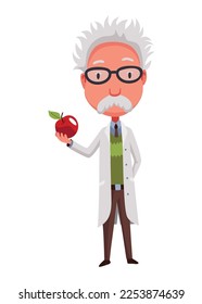 Científico viejo sosteniendo manzana. Fundadoso personaje con bigote y abrigo de laboratorio. Descubrimiento en la ciencia. Ilustración vectorial en estilo de caricatura