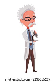 Científico viejo sosteniendo microscopio. Fundadoso personaje con bigote y abrigo de laboratorio. Descubrimiento en la ciencia. Ilustración vectorial en estilo de caricatura