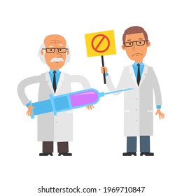 Old scientist holding syringe and displeased. Young scientist holding prohibition sign and displeased. Vector characters. Vector illustration