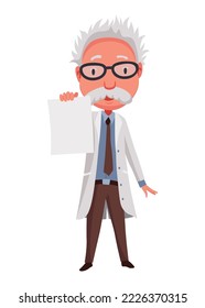 Old scientist holding white leaf. Funny moustached character wearing glasses and lab coat. Discovery in science. Vector illustration in cartoon style