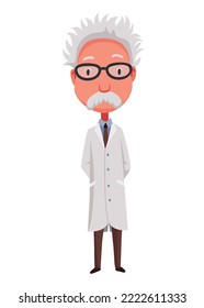 El viejo científico tiene las manos a la espalda. Fundadoso personaje con bigote y abrigo de laboratorio. Descubrimiento en la ciencia. Ilustración vectorial en estilo de caricatura