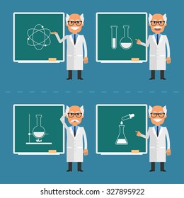 Old scientist indicates on chalkboard