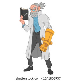 Old scientist with mechanical arm reading a book