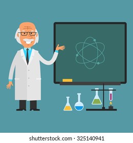 Old scientist points to chalkboard