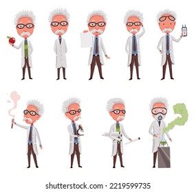 Viejo científico. Personajes divertidos con bigotes y gafas de laboratorio. Descubrimiento en la ciencia. Ilustración vectorial en estilo de caricatura