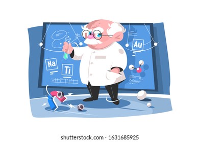 Old scientist testing green liquid in glass tube vector illustration. Board with different formulas and calculations cartoon design. Chemical experiment concept