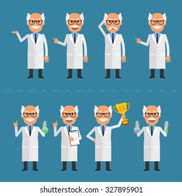 Old scientist in various poses