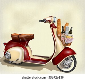 Old scooter with  basket of food for  weekend