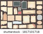 Old scrapbook paper pieces, stamps and labels. Retro ripped pages with pins and paperclip. Notebook sheets with scotch tape. Sticker and memo, antique album paper vector illustration set