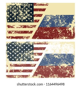 Old scratched flag of China. Vector illustration of vintage flags of USA and Russia. Removable scratches.