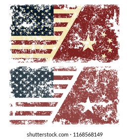 Old scratched flags of China. Vector illustration of vintage flags of USA and China. Removable scratches.