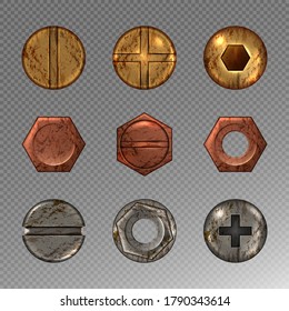 Old screw and nail heads set, steel, copper and brass metal bolts, rusty rivets hardware yellow, red and grey caps top view isolated on transparent background. Realistic 3d vector illustration, icons