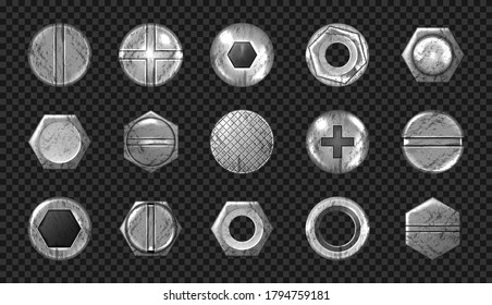 Old screw and nail heads set, steel metal bolts, grunge rusty rivets hardware grey caps with grooves and holes top view isolated on transparent background. Realistic 3d vector illustration, icons