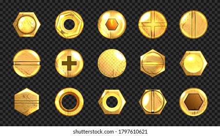 Old screw and nail heads set, golden metal bolts, grunge rusty rivets hardware yellow caps with grooves and holes top view isolated on transparent background. Realistic 3d vector illustration, icons