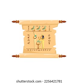Old scroll with Ancient Egypt history illustration. Papyrus or paper scroll with pharaohs and hieroglyphs, Egyptian heritage on white background. Egyptology, history, mythology concept