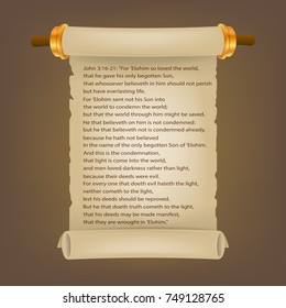 Old scroll with Bible text. Parchment realistic. Vintage blank paper scroll isolated on white background. Vector illustration. Eps 10.