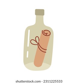 Un viejo pergamino en una botella. Redoblado papel marrón antiguo, nota, mapa del tesoro. Ilustración del vector de dibujos a mano aislada en fondo blanco