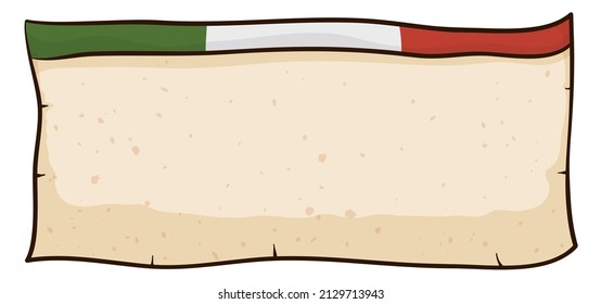 Old scroll with empty space, decorated with Italian tricolor label in the top. Design in cartoon style and outlines.