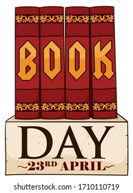 Old scroll with encyclopedia volumes standing in the top of it, forming the "BOOK" word to commemorate Book Day in April 23.