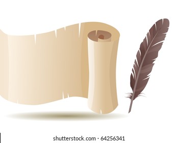 Old scroll and feather isolated on white background