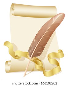 Old scroll, golden ribbon and quill