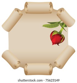 Old scroll. Heart shaped rose.