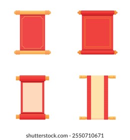 Ícones de rolagem antigos definem o vetor de desenho animado. Decoração tradicional asiática. Acessório festivo