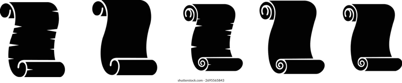 Conjunto antigo de ícones de papel de rolagem, pergaminho antigo, manuscrito antigo e coleção de documentos rolados, escrita antiga e grupo de papel medieval em preto, linha e ilustração de vetor de estilo gradiente