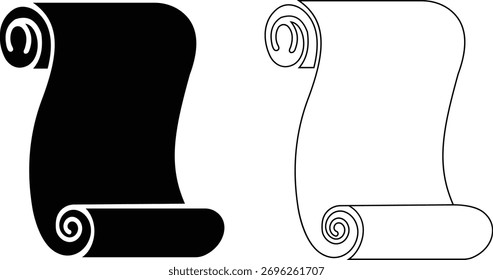 Conjunto antigo de ícones de papel de rolagem, pergaminho antigo, manuscrito antigo e coleção de documentos laminados, escrita antiga e grupo de papel medieval em preto, plano, linha e gradiente de estilo de ilustração vetorial