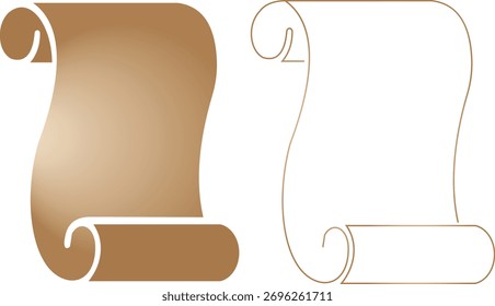 Old scroll paper icon set, antique parchment, vintage manuscript, and rolled document collection, ancient writing and medieval paper group in black, flat, line, and gradient style vector illustration