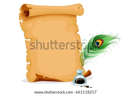 Old scroll paper with ink bottle and peacock feather