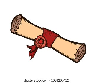 Old scroll paper with a wax seal isolated on white background vector illustration