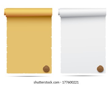 Old scroll paper with a wax seal isolated on a white background