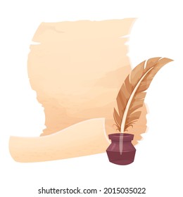 Old scroll of parchment, papyrus and feather pen in cartoon style isolated on white background. Empty frame, decoration, antique manuscript. 