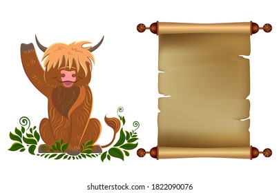 Eine alte Schriftrolle aus Pergament. Schottischer Stier mit langer Lebensdauer. Ort für Text, Verkauf Poster Design Vorlage. Vektorgrafik